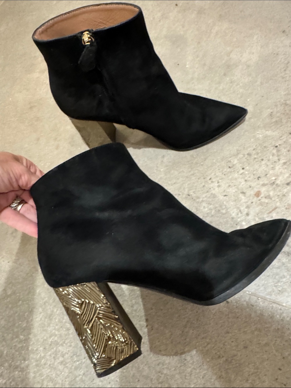 Pollini Black Suede Ankle Boots with Gold Sculpted Block Heel